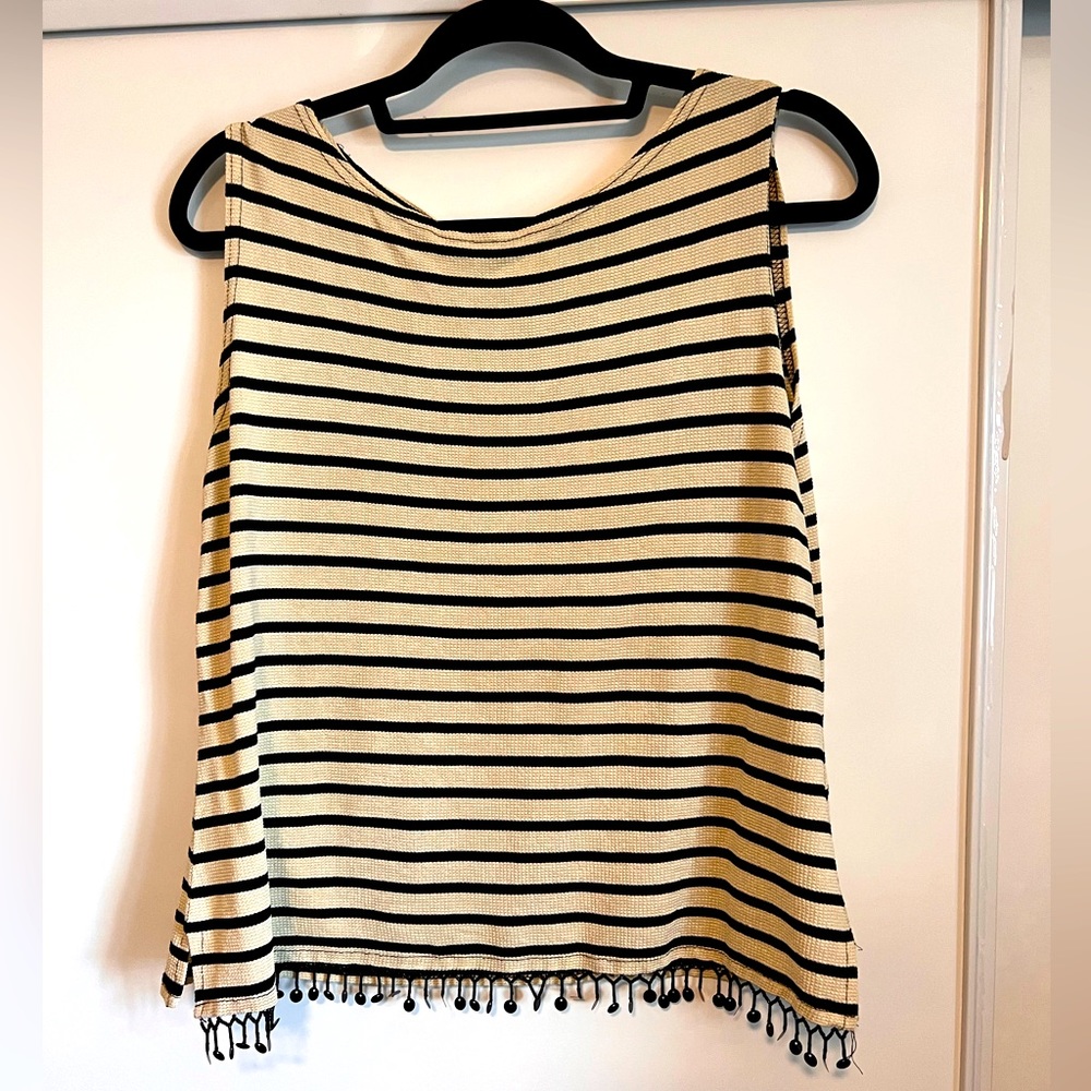 Ronni Nicole Black and Cream Striped Tank Top with Beaded Hem